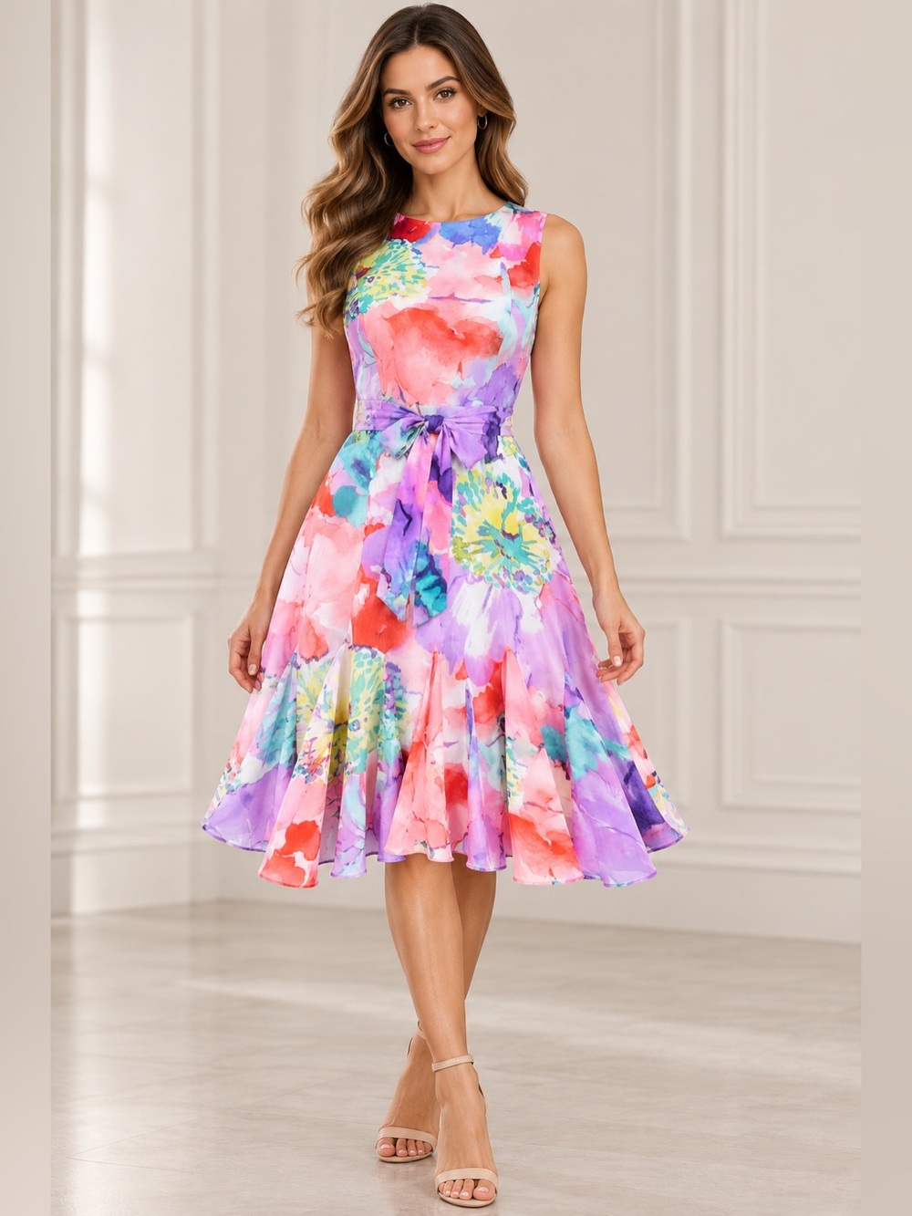 Lauren Ralph Lauren Watercolor Floral Fit & Flare Belted Dress Size 4